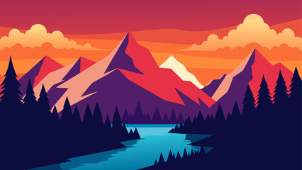 Illustration of mountains trees and a river scene