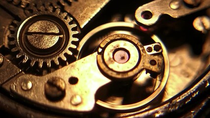 Macro footage of an automatic watch mechanism showing moving gears, metal textures, and precision engineering components. Perfect for concepts of time, craftsmanship, technology, mechanical
