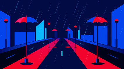 City street with umbrellas in the rain at night time