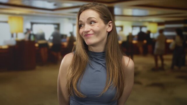 Young caucasian woman makes money gesture by pinching fingertips in hotel building lobby with a skeptical smile; greed.