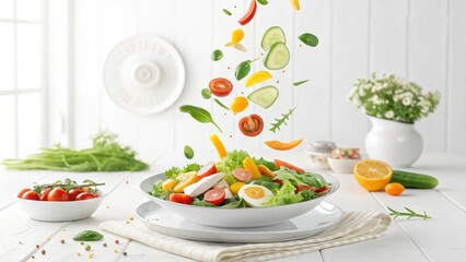 Fresh vegetable salad with floating ingredients in a bright kitchen, healthy eating concept, diet and nutrition, cooking blog header, vegetarian recipe promotion, wellness food ad