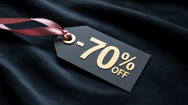 Black tag with gold seventy percent off text on dark fabric sale discount