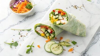 Fresh vegetable wrap with chicken and mixed greens on marble surface, healthy lunch option, clean eating, meal prep idea, fitness food concept, diet-friendly recipe, nutrition blog visual