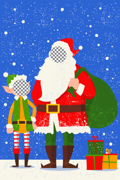 Santa and elf Christmas photobooth cut out board with face holes, cute festive snow backdrop with gifts, sack and cartoon characters. Holiday selfie prop for party, winter celebration decoration