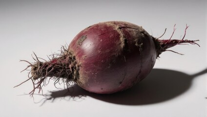 Single beetroot with roots on a white surface.