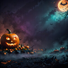 Naklejka premium halloween night scene with glowing pumpkins under a spooky moon sky