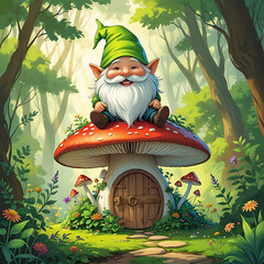 A cheerful gnome sits atop a vibrant mushroom house in a magical forest.
