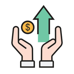 Two Upward-Facing Hands Supporting a Large Green Upward Arrow and a Golden Coin with U.S. Dollar Symbol in Pastel Colors, Representing Profit, Growth, and Strong Economic Performance