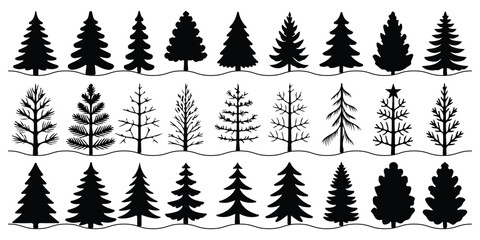 Fototapeta premium A vector illustration of fir and pine trees. Set of fir trees silhouettes. set of fir trees silhouette forest view pine trees. Vector Christmas Tree Silhouette Set. Collection of Pine, Fir, and Spruce