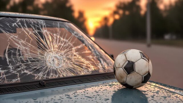 Car with a shattered windshield and a soccer ball on the hood. Scene is chaotic and disordered