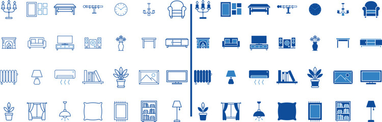 Furnishing Collection: An array of furniture icons, meticulously arranged, representing an extensive range of interior decor options.  From elegant armchairs to cozy beds.