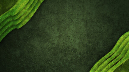 Dark Grungy Green Background with Bright Neon Layered Carved Abstract Shapes on Opposite Corners for Modern Graphic Design