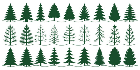 Fototapeta premium A vector illustration of fir and pine trees. Set of fir trees silhouettes. set of fir trees silhouette forest view pine trees. Vector Christmas Tree Silhouette Set. Collection of Pine, Fir, and Spruce