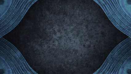 Dark Grungy Blue Wood Grain Background with Symmetrical Wavy Layered Abstract Lines Framing an Oval Center Copy Space