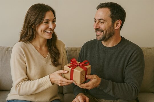 Woman giving a gift to man while smiling on a sofa at home  