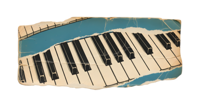 Distressed paper keyboard plays with torn edges, perfect for musical branding, poster art, or creative video backgrounds.