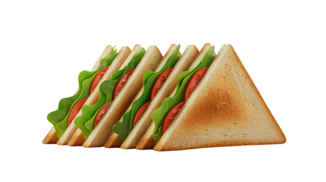 Stack of delicious sandwiches with fresh lettuce and tomato on transparent background