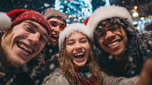 Happy group of friends wearing Santa hats and celebrating Christmas night together young people having fun during winter holidays, teenagers celebrating New Yeara??s Eve in front of a tree