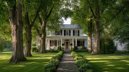 Obraz premium A charming colonial home with a front porch white wooden siding and a neat garden The house is