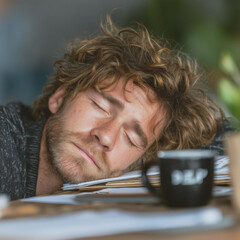 Tired man resting head on desk with coffee cup