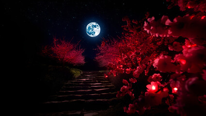 Obraz premium night scenario view under moon light, Generative AI