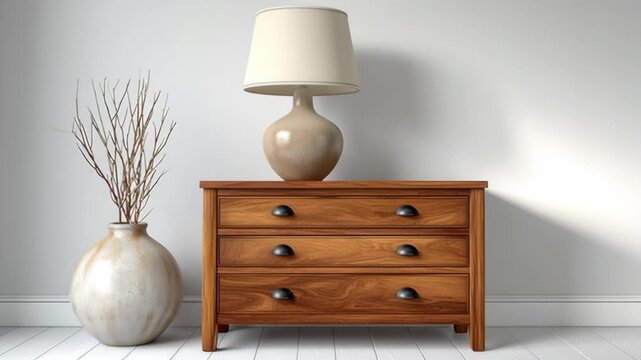 Wooden dresser with a lamp on top of it. The dresser has three drawers and a vase on the floor. The room is very clean and simple, with a white wall and a white floor