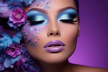 Model showing creative fashion makeup with flower decoration and glitter on purple background