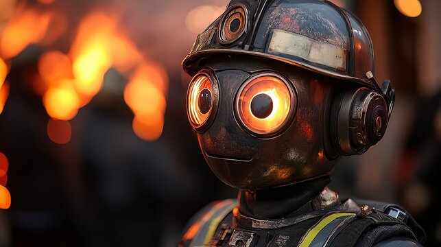 Close up of a vintage robot with glowing eyes and a helmet standing in front of a blurred background of fire and machinery is displayed here - Powered by Adobe