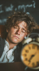 Tired young man resting near alarm clock