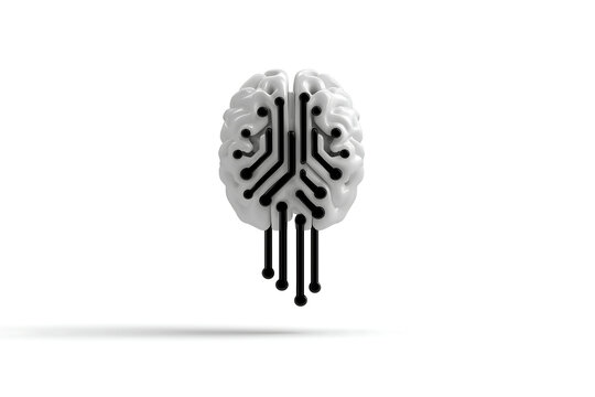Minimalist AI central core with branching circuit lines on white background, symbolizing intelligence and connectivity in tech infographic style