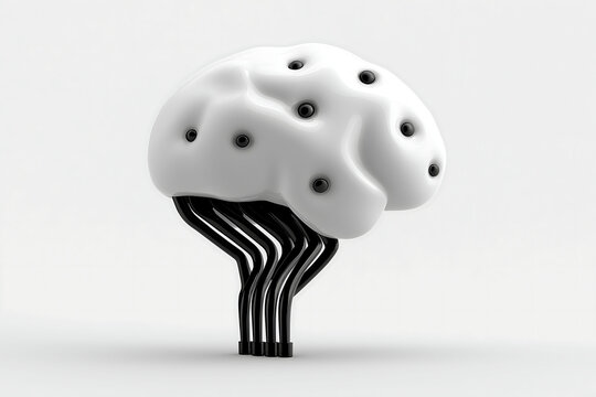 Minimalist AI central core with branching circuit lines on white background, symbolizing intelligence and connectivity in tech infographic style