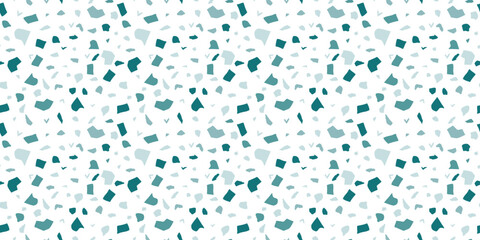 Seamless Terrazzo Pattern with Teal and Blue Irregular Shapes on a White Background, Ideal for Textile or Wrapping Paper Design
