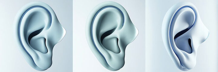 Three stylized human ears in varying shades of blue and gray, isolated on white background
