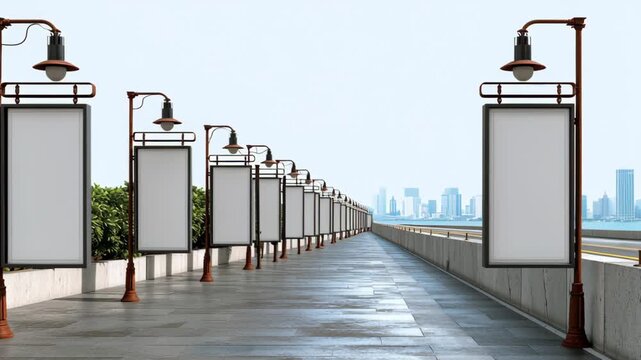 Row of white signs are on a sidewalk next to a city street. The signs are tall and are placed in a row. The street is empty and the sky is clear