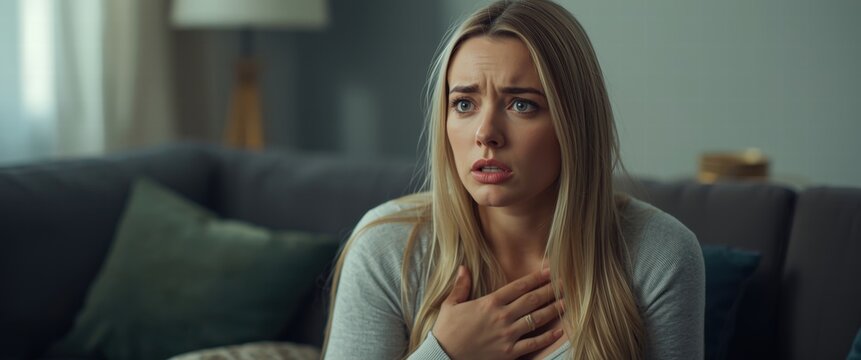 A young woman looks stressed and worried at home. She is sitting on a sofa, seemingly overwhelmed by life's challenges and seeking help and support.