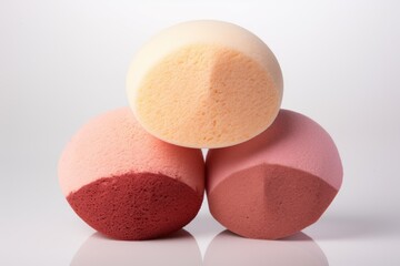 Colorful makeup sponges arranged in a pyramid shape, creating a visually appealing composition against a white background