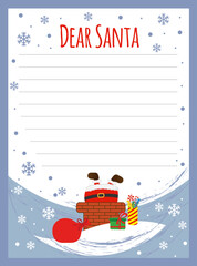New Year letter to Santa Claus, wish list.  Santa Claus got stuck in the chimney.  Holiday new year decoration template.