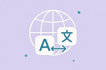 Global language translation symbolized through iconic letters and characters against a soft lavender backdrop representing digital communication and cultural exchange in modern society