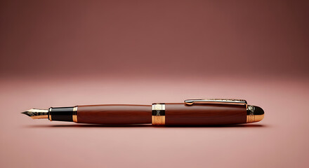 A brown fountain pen with gold accents lying on a pink background in a horizontal composition