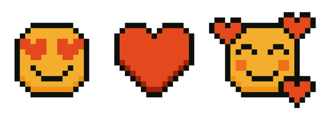 Pixel style love emojis and hearts perfect for messages, social media reactions, Valentine designs, digital stickers and playful romantic content with a retro gaming vibe.