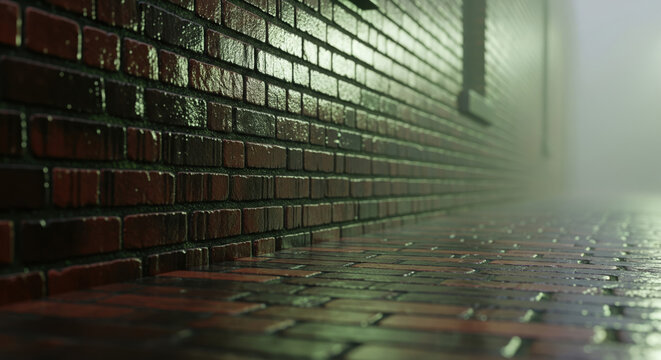 Wet brick wall and floor in a foggy urban alley with mysterious green light reflections. - Powered by Adobe