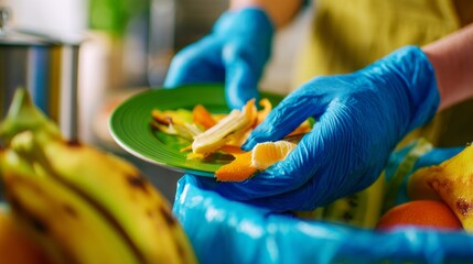 Hands in blue gloves placing fruit peels and food scraps from a green plate into a blue compost bag