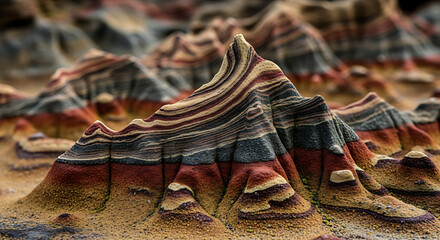 Close-up of vibrant stratified earth layers, textured formation