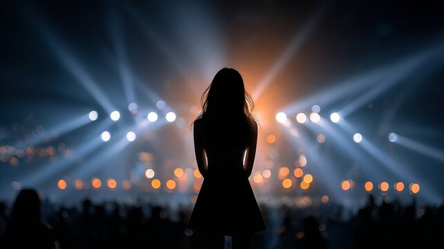 Silhouette of young woman dancing at live concert with bright colorful stage lights energetic crowd and vibrant music festival atmosphere - Powered by Adobe