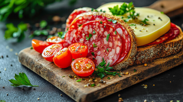 Delicious open-faced sandwiches with sliced salami, cheese, and cherry tomatoes, garnished with fresh herbs on a wooden board.