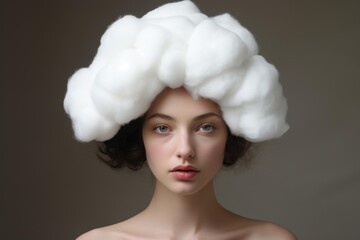 Naklejka premium Surreal portrait of a young woman with a cloud on her head, evoking fantasy, dreams, and imagination