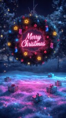 Glowing neon Christmas wreath with colorful lights and "Merry Christmas" in pink neon script, above sparkling snow with gifts. Magical, joyful, and dazzling. Poster for Christmas season