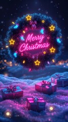 Glowing neon Christmas wreath with colorful lights and "Merry Christmas" in pink neon script, above sparkling snow with gifts. Magical, joyful, and dazzling. Poster for Christmas season
