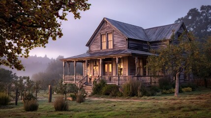 A classic farmhouse with a wrap-around porch a pitched roof and wide wooden siding The home is surrounded