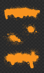 Orange spray paint splatter with drips on transparent checkered background.